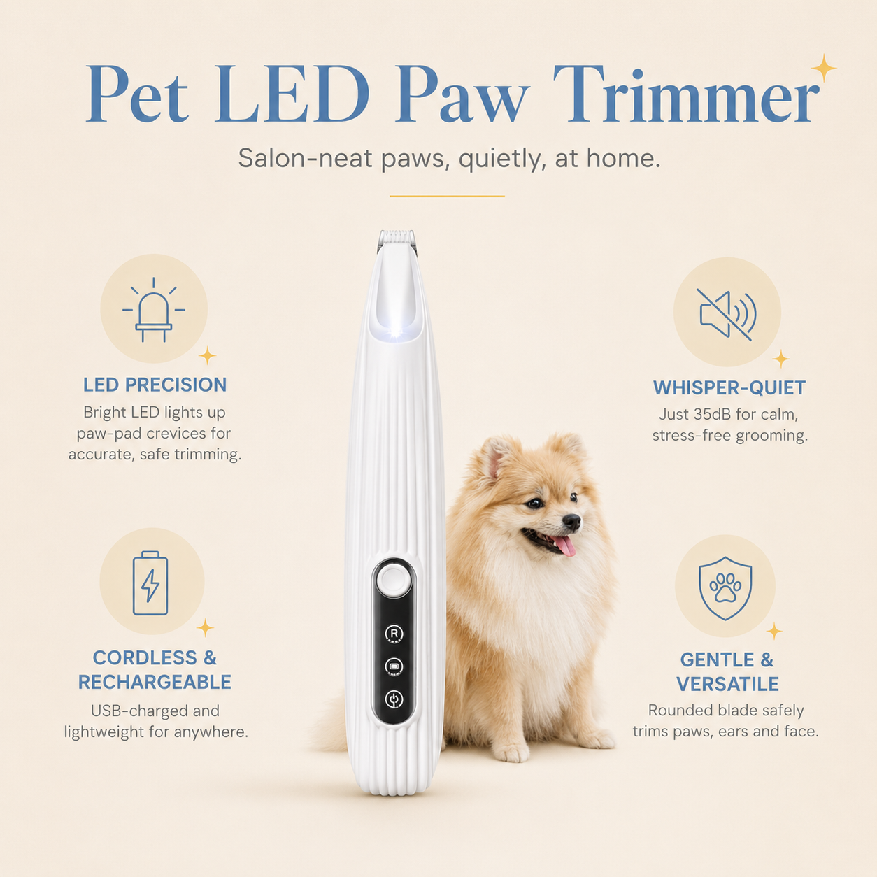 Pet LED Paw Trimmer | Whisper-Quiet Cordless Clipper with LED Light for Precise Paw Grooming